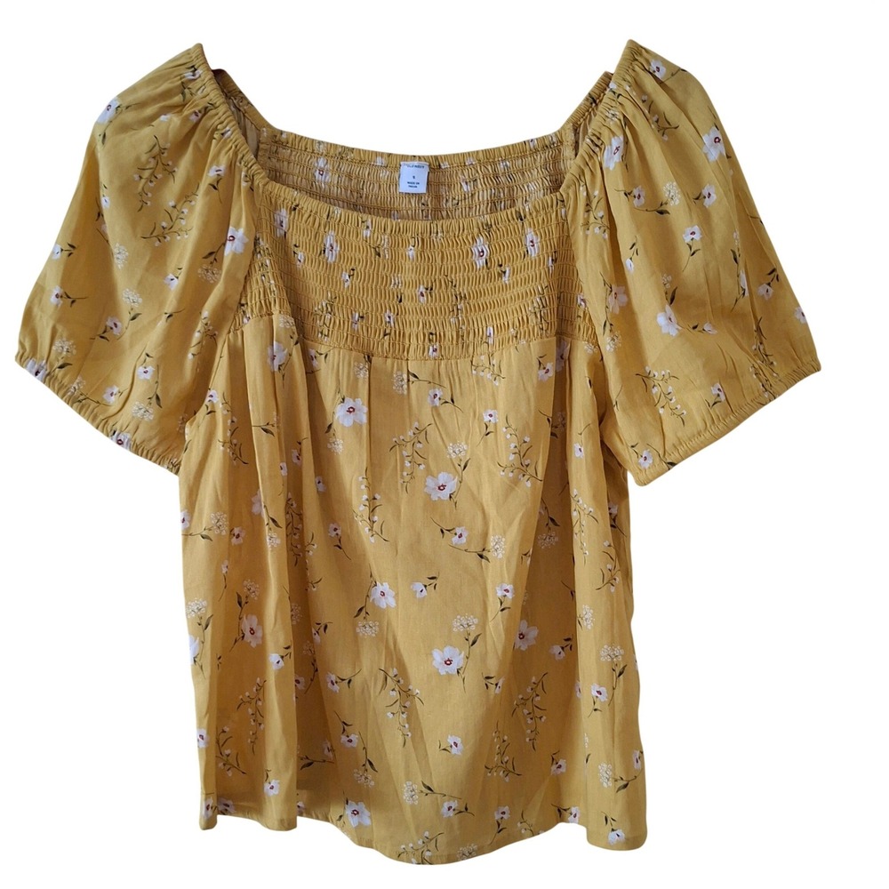 Old Navy Floral Smocked Top Womens S Yellow Excellent Puff Sleeve Blouse